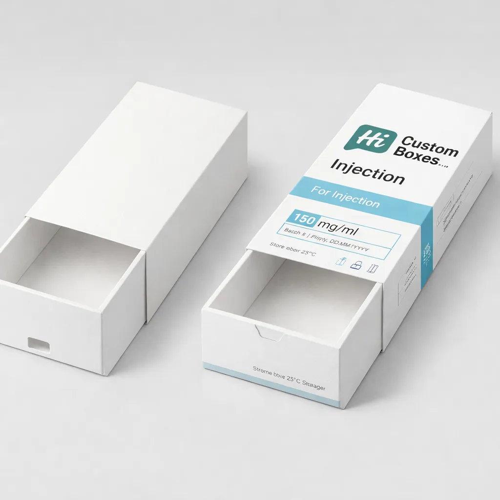 Custom tray and sleeve injection boxes featuring a sliding drawer design with teal medical branding. class=